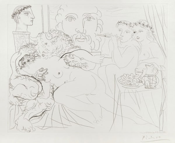 Pablo Picasso Autoportrait Sous Trois Forms: Peintre Couronné, Sculpteur En Buste Et Minotaure Amoureux etching, on Montval paper watermark Vollard, with full margins edition of 260 signed in pencil Public Collections: MoMA, New York; British Museum, London 34.3 × 44.8cm