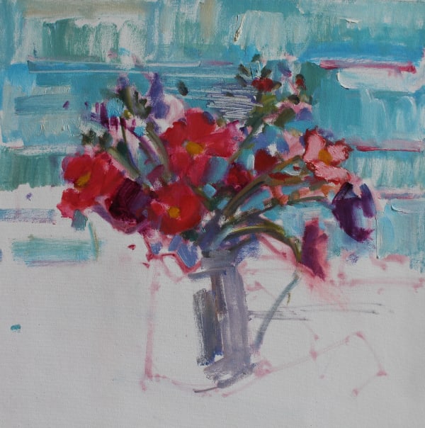 Jackie Philip Seaside Poppies, 2021 raw pigment with oil on canvas 41 x 41cm signed