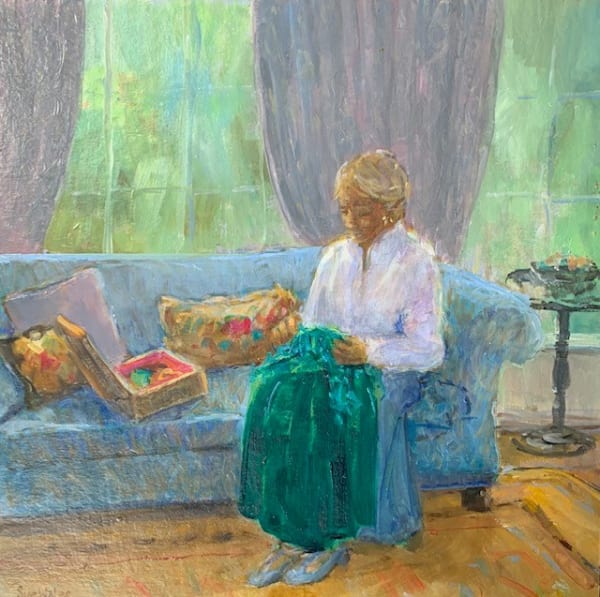 Sue Wales Mending the Green Dress oil on canvas 35 x 35cm