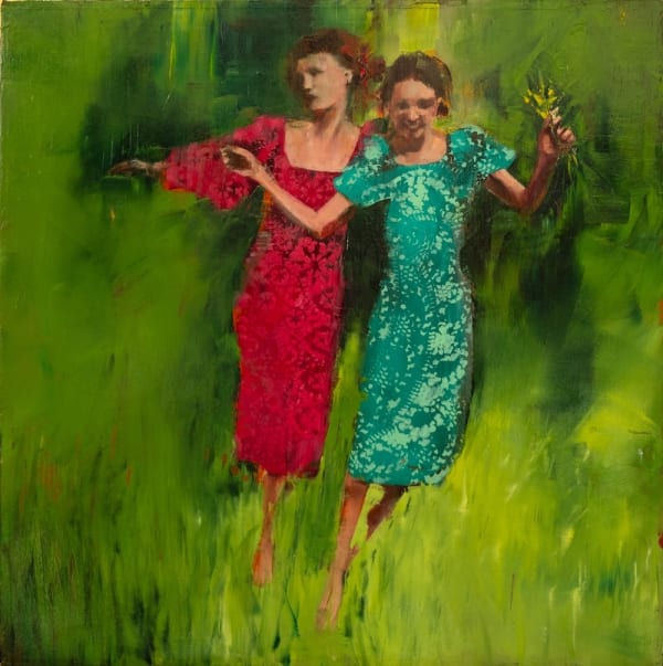 Richard Twose Clarissa and Sarah at Bourton oil on canvas 40 x 40cm