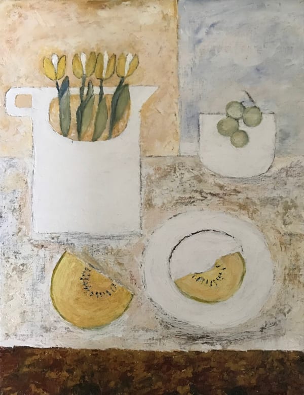 Diana Matthews, FRSA Jug, Bowl, Plate and Tulips oil on panel 30.5 x 39.5cm