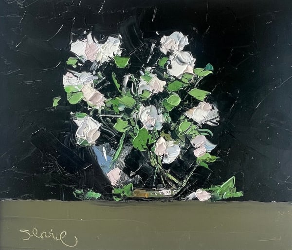 Mike Service Sweet Peas in a Glass Bowl oil on panel 31 x 35cm