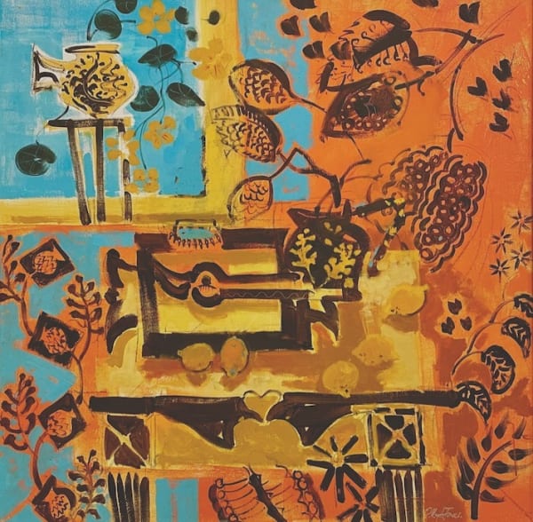 Peter Lloyd-Jones Tabletop Still Life with Secateurs and Pitcher oil on canvas 92 x 92cm