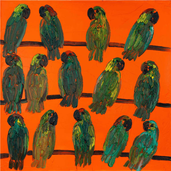 Hunt Slonem Orange Wing Amazons, 2024 Oil on canvas 40 x 40"