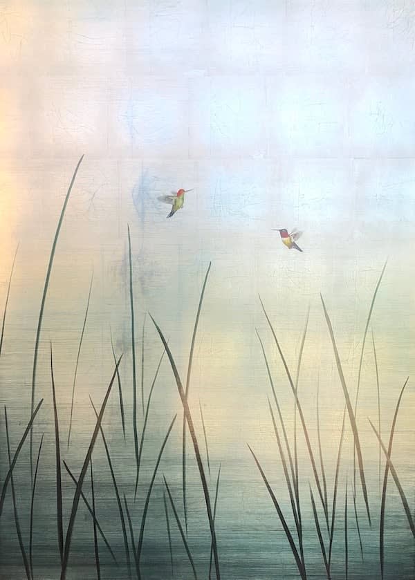 Carolyn Reynolds, Two Hummers in Reeds Over Blue