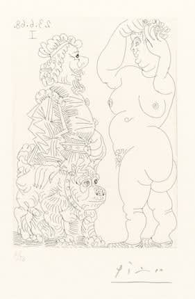 Pablo Picasso Grosse Prostituée et Homme au Béret Rembranesque et au Bouledogue Français (overweight prostitute, man with a Rembrandt-style beret and a French bulldog), 1968 Etching 4.875 x 3.5"