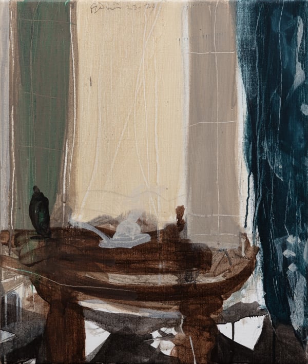 Peter Godwin, Studio, Blue Curtain and Kwoma Mask, 2024