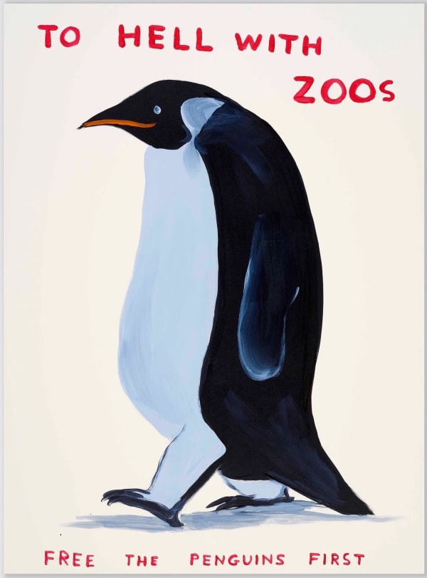 David Shrigley To Hell with Zoos, 2021 Screenprint in eight colours with a varnish overlay printed on Somerset Satin Tub sized 410 gsm paper Signed by the artist and numbered, on verso 75 x 56 cm (unframed) Edition of 125 (+4 AP) (Edition record)
