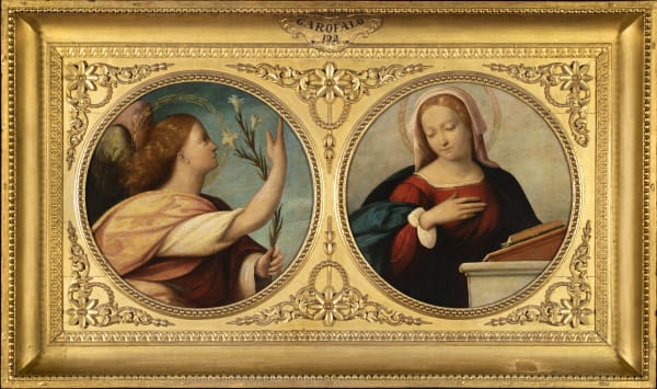 Benvenuto Tisi, called Garofalo The Virgin Annunciate and The Archangel Gabriel, c. 1524-27, c. 1524-1527 oil on panel; tondi 35 cm. (11 ¾ in.) diameter a pair (2)