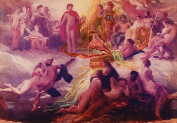 Salvador Dalí, Apollon et les Muses dans l'Olympe avec double image d'une tete de profil (pour Les Vins de Gala) (Apollo and the Muses in Olympus with Double Image of a Head in Profile [for The Wines of Gala]), 1976-77 'circa'