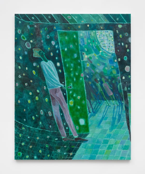 A surrealist scene with lights flickering across the entire image, painted in greens and teals, with a figure opening a door into a disco dance floor.