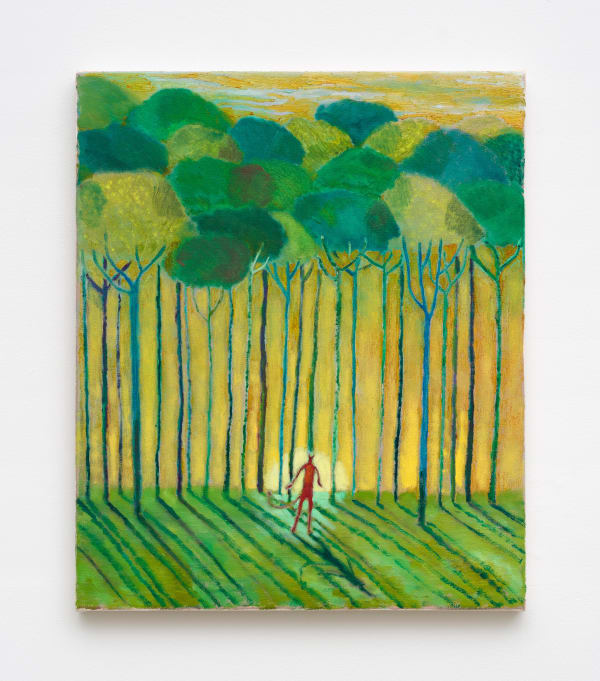 A painting of a red devil figure in the middle of a yellow and chartreuse forest with exaggerated shadows.