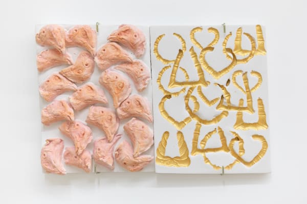 LaKela Brown, Chickenheads and Doorknockers Still Life with Pink and Gold Diptych (Mini), 2023