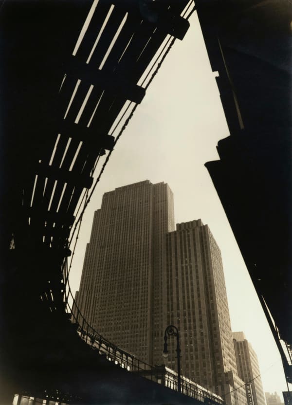 Wendell MacRae, Rockefeller Center as seen from the below the Sixth Ave El., 1930s