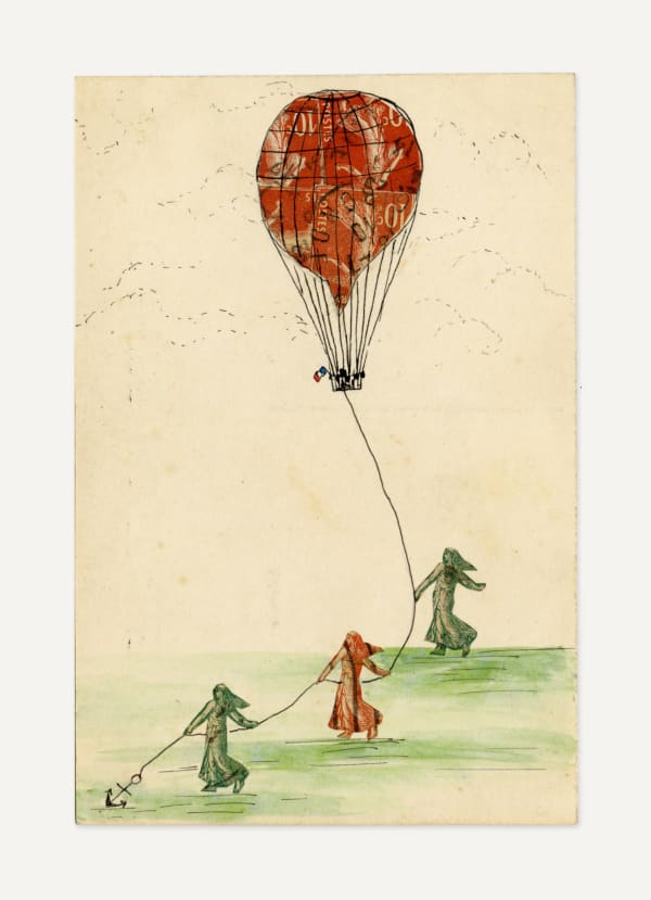 [Postcard Collage], Figures Anchoring a Hot Air Balloon, 1900s