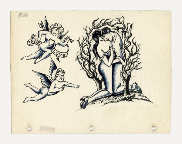 Unknown, Cupid and Lovers Tattoo Flash Sheet, 1950s