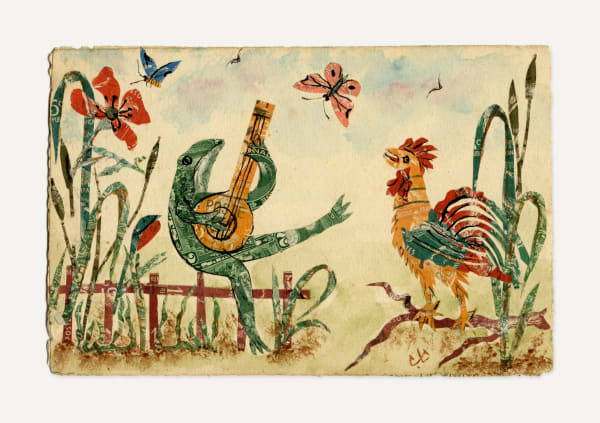 [Postcard Collage], A Frog Playing Banjo to a Rooster, 1900s