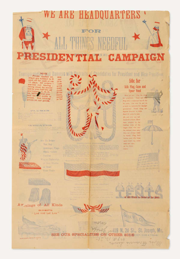 [Seick MFG. Co.], Patriotically-Illustrated, Double-Sided Advertisement for Campaign Paraphernalia and Canvas Furniture, 1890s