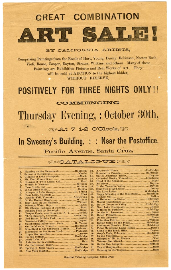 [California Artists], Broadside for a Three Day Auction in Santa Cruz, CA, c. 1879