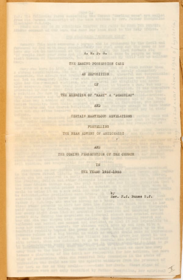 F.J. Bunse; Theophilus Riesinger, The Earling Possession Case: An Exposition of the Exorcism of ‘Mary’ a Demoniac and Certain Marvelous Revelations Foretelling the Near Advent of Antichrist and the Coming Persecution of the Church in the Years 1952–1955., 1934