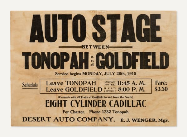 [Nevada Gold Rush], Broadside advertising an auto-stage between the Gold Rush towns of Tonopah and Goldfield, NV, 1915
