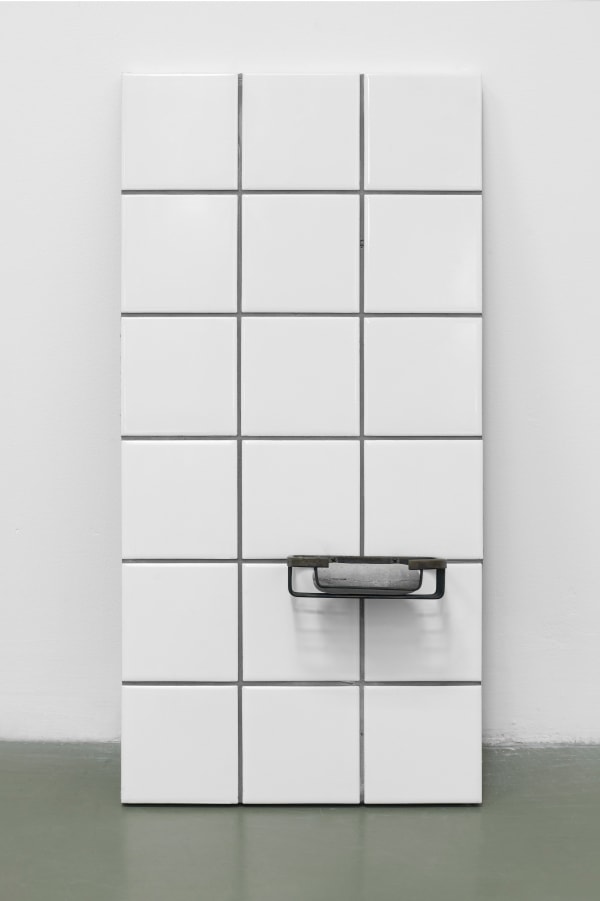 ZHANG Ruyi Soap– 3 香皂─ 3, 2017 Concrete, soap holder, tiles 混凝土、香皂架、瓷砖 9 x 5.5 x 2 cm (soap 香皂), 12.7 x 8.4 x 3.5 cm (soap holder 香皂架), 60 x 30 cm (tiles 瓷砖)