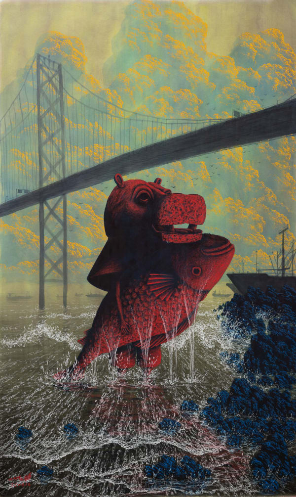 Lee Gihun Masquerade Pieta 12, 2025 Watercolour oil pastel on wallpaper 97 x 163 cm, 39.2 x 64.17 in