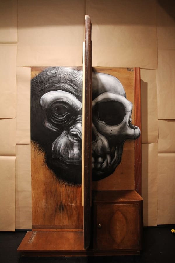 ROA Pan Troglodytes, 2014 Mixed Media, Spray Pain & Varnish on vintage dressing table 106x166cm