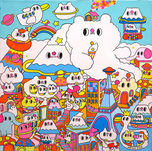 Messy Desk Cloudy Bear and Fuji in Gelato Little World, 2023 Acrylic ink on canvas 50 x 50 cm