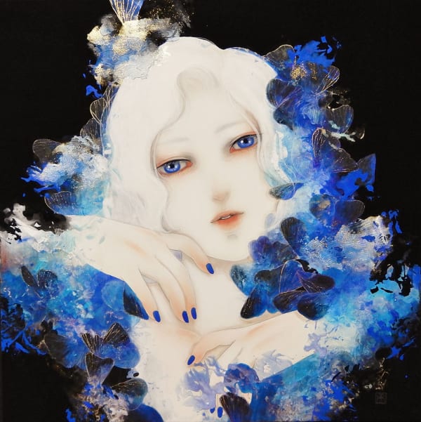 Mitsuko Kuroki Spica of The Spring Nihonga (pigments, silver poweder, Japanese ink, modeling paste on cloth) 41x41 cm