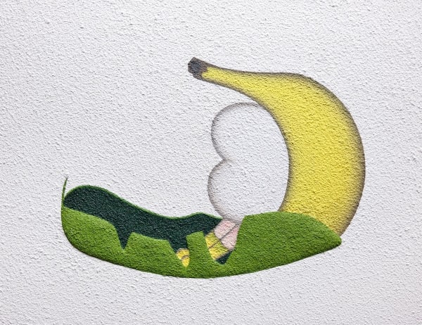 Kanako Ozawa Safe spot - banana, 2025 Acrylic, clay, sand on panel and fabric 53 x 41 cm, 20.8 x 16.14 in