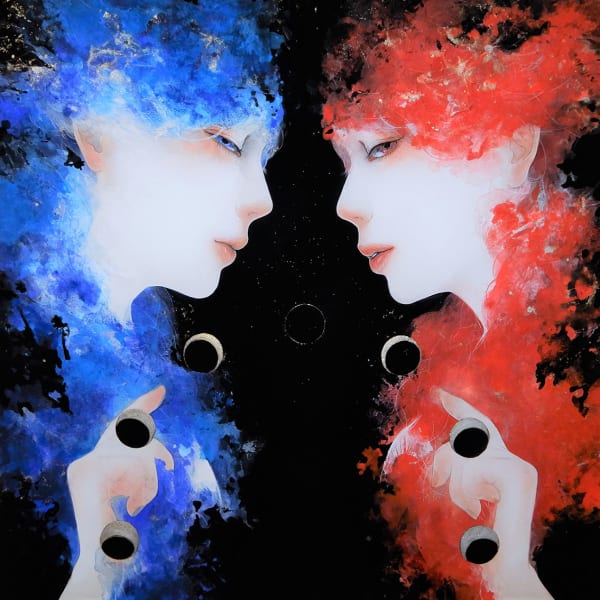 Mitsuko Kuroki The Beginning Day - Sun & Moon, 2020 Nihonga (pigments, silver poweder, Japanese ink, modeling paste on cloth) 16 1/10 × 16 1/10 in 41 × 41 cm