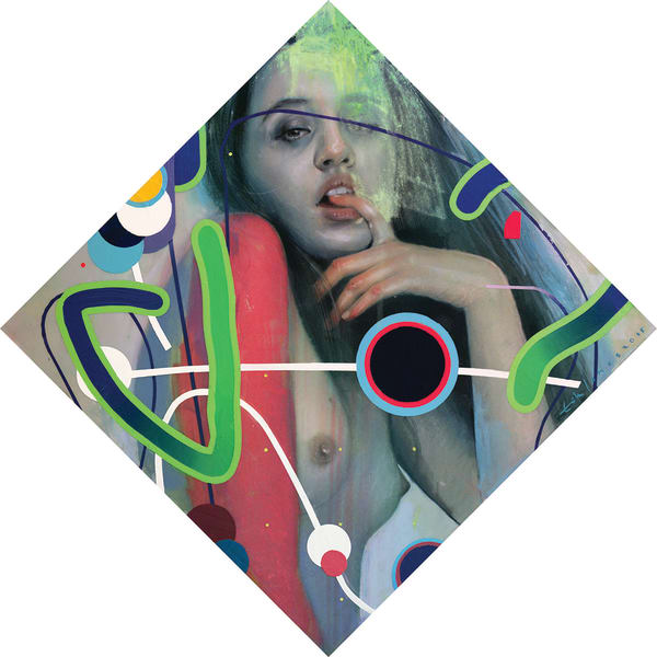 Erik Jones Orbital Watercolor, colored pencil, water-soluble wax pastel, acrylic, water-soluble oil, white vinyl adhesive on Rives bfk paper mounted to panel 43cm (17”) - Panel 30.5 cm (12”)