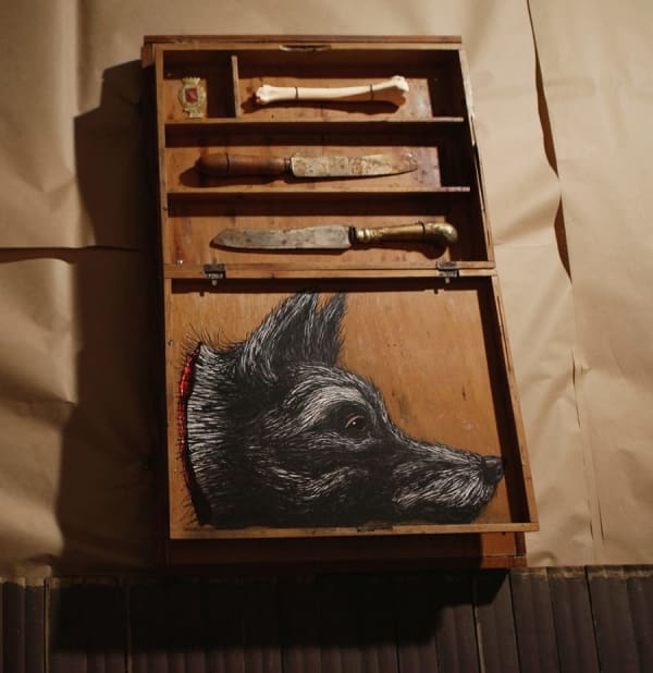 ROA Canis Lupus Lupus Head, 2014 Mixed Media, Spray Pain & Varnish on 725x45x11cm