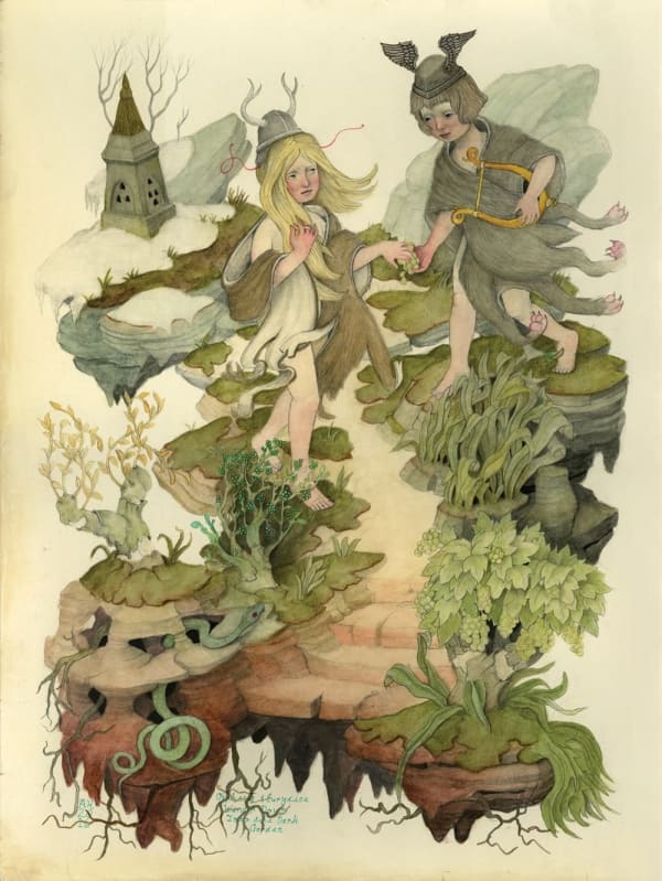 Alex Kuno Orpheus and Eurydice Wander Down Into The Dark Garden, 2016 Mixed Media On Board 46 x 61cm