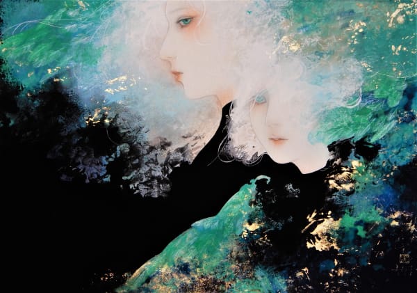 Mitsuko Kuroki Sign of good fortune ~Phoenix~, 2022 Suihi paint on Art cloth , mineral pigments, white clay, and modeling past and Silver leaf 65.2x45.5cm