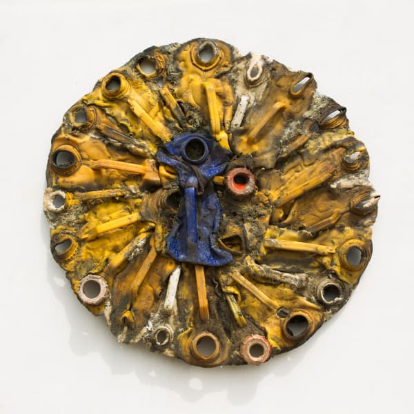 Serge Attukwei Clottey Security watch, 2016 Melted plastics and oil paint 30 5/8 x 29 x 4 in 77.8 x 73.7 x 10.2 cm