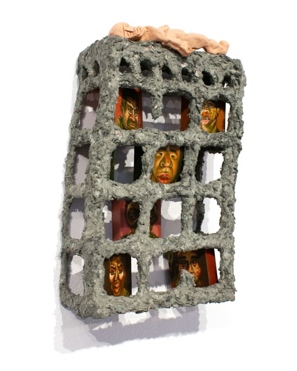 Nicole Crozier Alvarez Multiplex, 2023 Oil paint on wood panel, fibreboard and paper mache clay armature, and terracotta clay figurine Approx. 13" x 6.5"