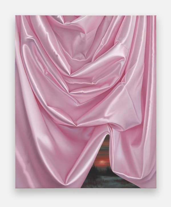 Shawn Huckins Winter Sky with Pink Satin Fabric, 2025 Huile et acrylique sur toile / Oil and acrylic on canvas 32 x 25 inches 81.3 x 63.5 cm