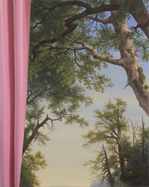 Shawn Huckins, The Catskiils With Pink Curtain (after Durand), 2025