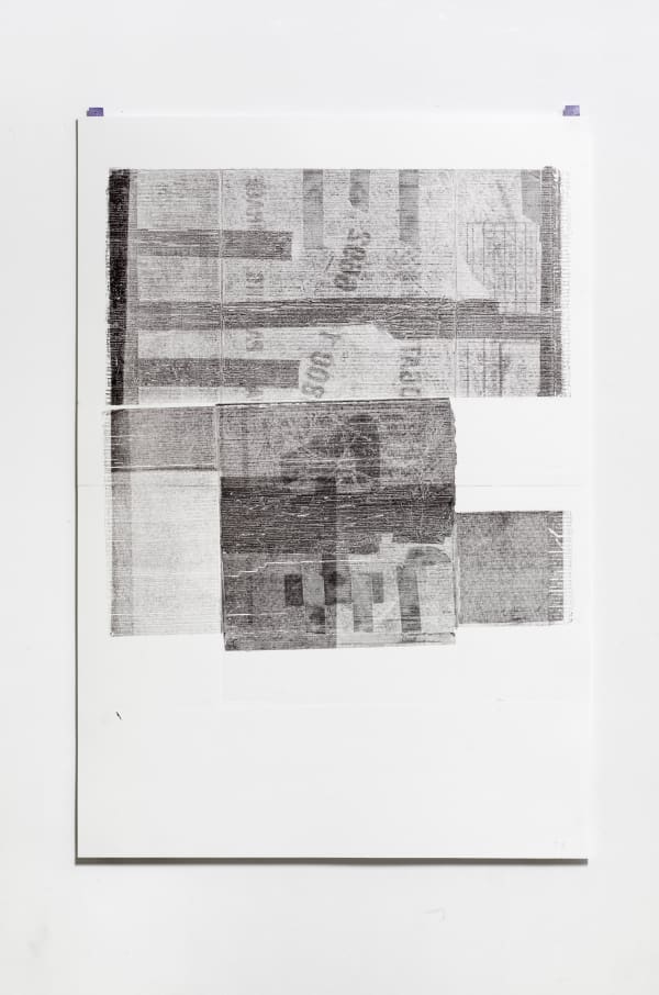 Alex Farrar, Folded and pressed inked moving box #47 (jigsaw powertool, sewing machine, scanner, guitar stand, rug), 2025