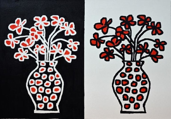 David Reeb, red black and white flowers, 2023