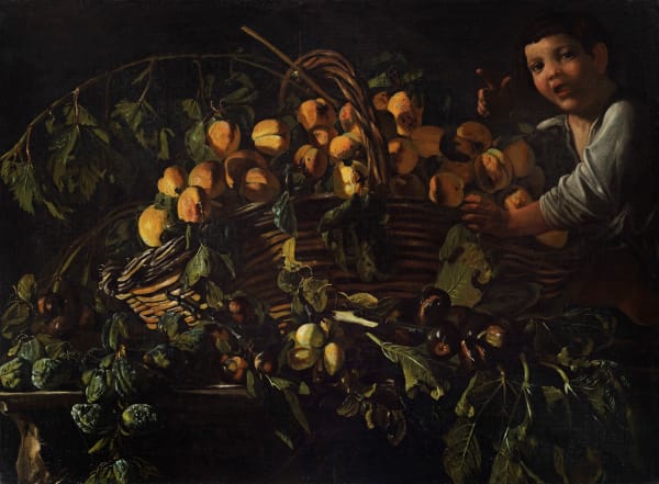 Master of the Acquavella Still-Life, Still life of fruit in a wicker basket with a boy; Still life of fruit on a surface decorated with classical motifs