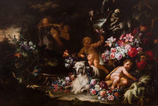 Andrea Belvedere, Still life in a garden with a fountain, goat, and putti