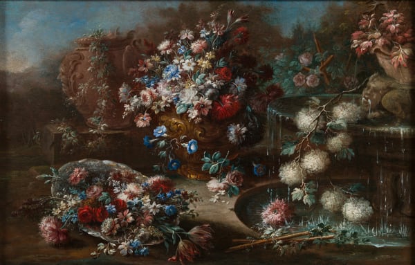 Gaspare Lopez, Still life of flowers and fruit with a parrot in a garden; Still life of flowers and fruit with a parrot and a pyramid in the background