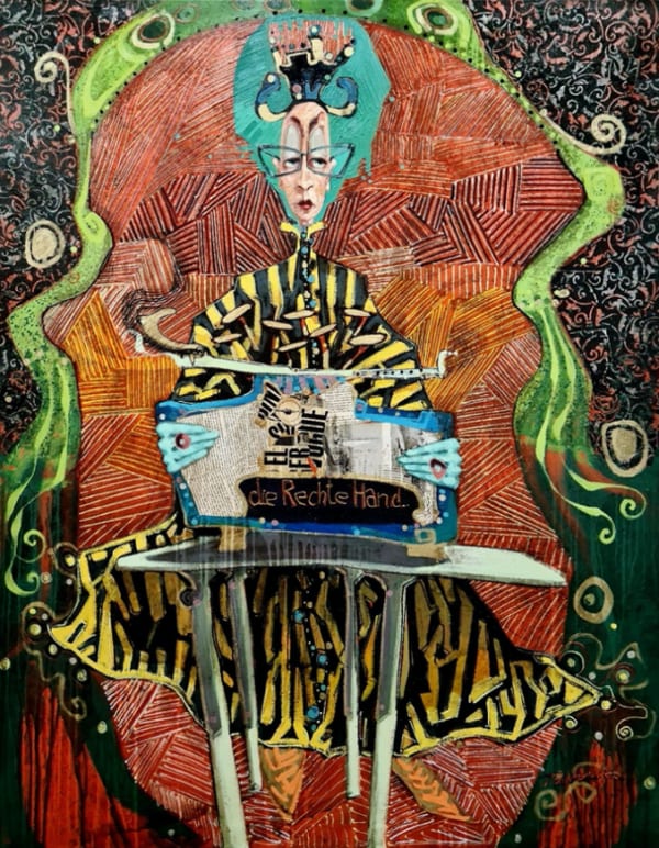 Max Pedreira Die königin schreibt ihr letztes brief (The queen writes her last letter). Mixed media on canvas 140 x 110 cm 55 1/8 x 43 1/4 in