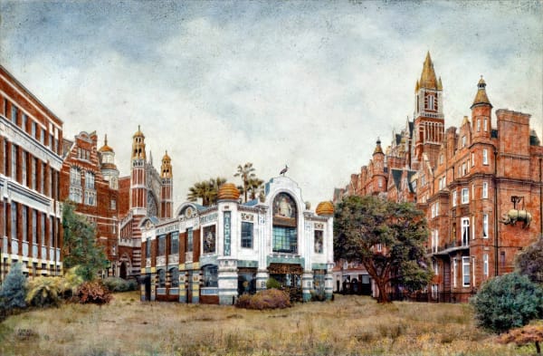 Carlos Arriaga Chelsea Capriccio. Oil paint on black and white photographic grisaille on canvas 65 x 100 cm 25 5/8 x 39 3/8 in