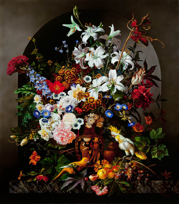 Alexey Golovin Still life with parrots Oil on canvas 120 x 105 cm 47 1/4 x 41 3/8 in