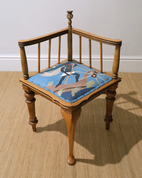 Amata Benedict Charon Chair 2025 Wood assemblage with linen appliqué H76 x W45 x D45 cm Seat height 45 cm