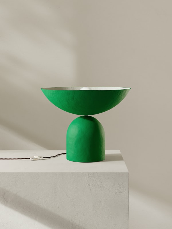 Palefire Studio x 8 Holland Street Satellite Uplighter in Green Contemporary Hand painted paper pulp, nickel & braided flex H32 x D40.5cm Made to order in 6 weeks